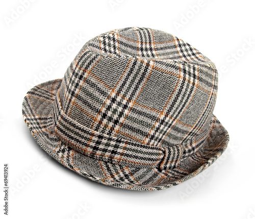 grey checked trilby hat isolated on a white photo