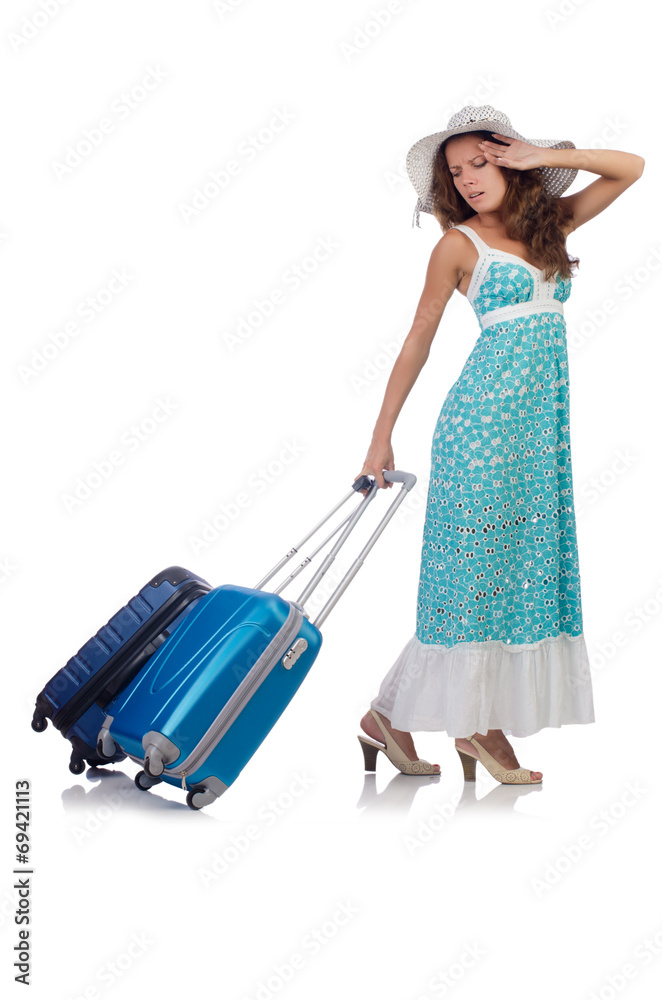 Woman traveller with suitcase isolated on white Woman traveller with suitcase isolated on white