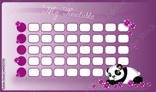 Fototapeta Naklejka Na Ścianę i Meble -  School timetable with panda and flowers