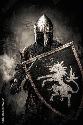 Fototapeta Medieval knight against stone wall