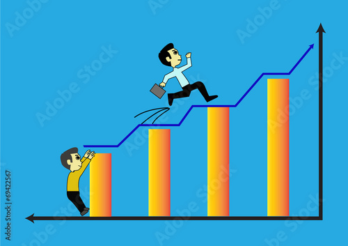 Businessman jumpping and climb on the blue arrow street to succe