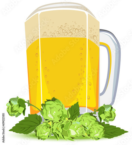 Mug of lager beer and green hops