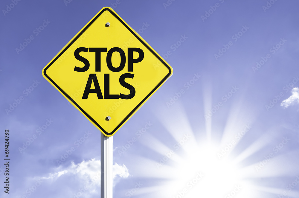 Stop ALS road sign with sun background