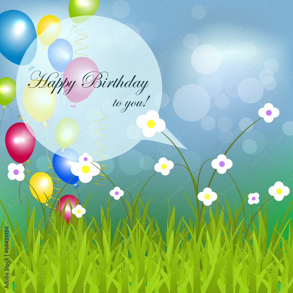 Happy birthday background with grass, flower and balloon Stock Vector |  Adobe Stock