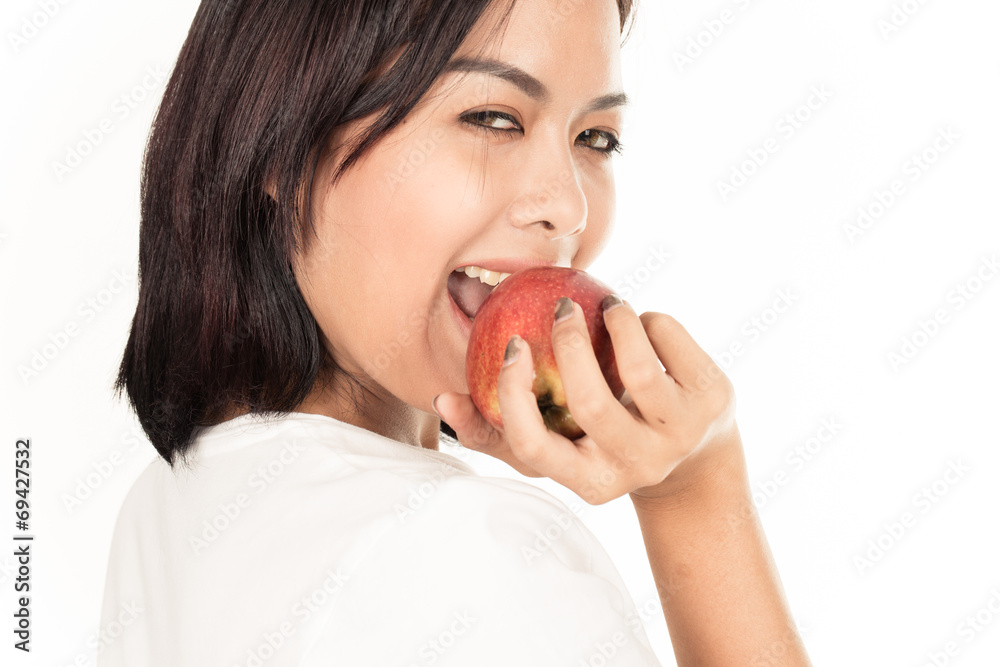 Smiling woman with apple isolated on white Smiling woman with apple isolated on white