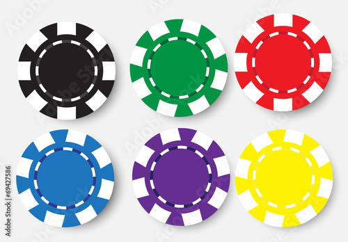 six poker chips isolated on white background