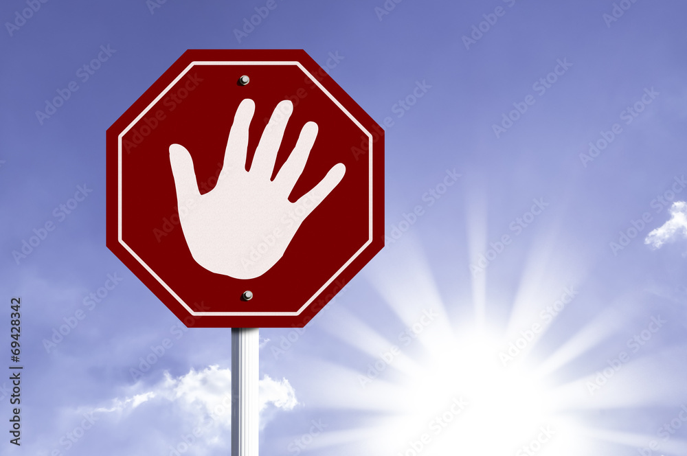 Stop Hand red sign with sun background Stop Hand red sign with sun background