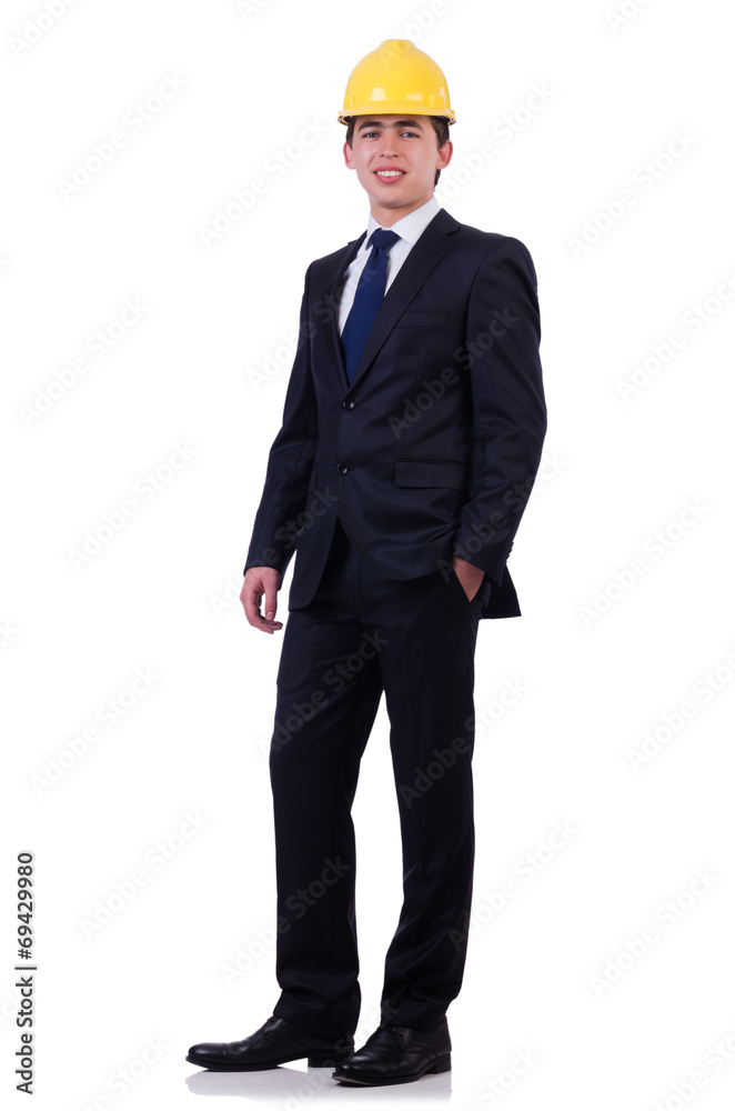 Man wearing hard hat isolated on white Man wearing hard hat isolated on white