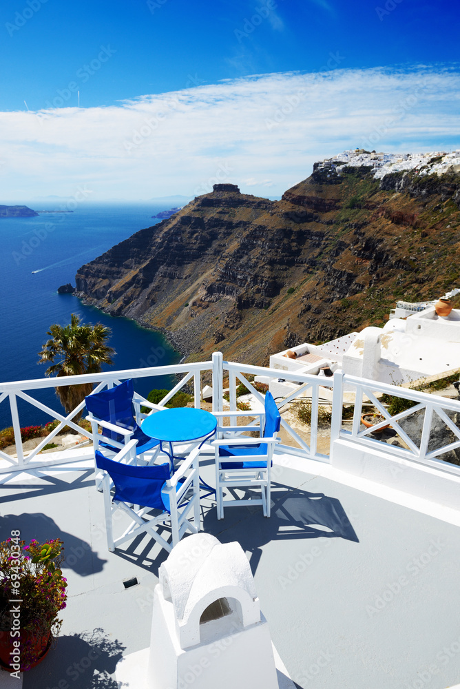 Fototapeta premium The sea view terrace at luxury hotel, Santorini island, Greece