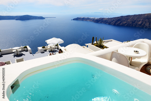 The sea view pool at luxury hotel, Santorini island, Greece