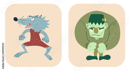 hand drawn style cartoon of werewolf and frankenstein