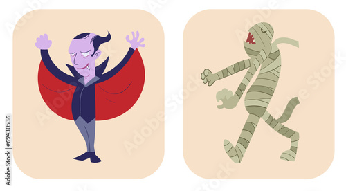 hand drawn style cartoon of dracula and mummy