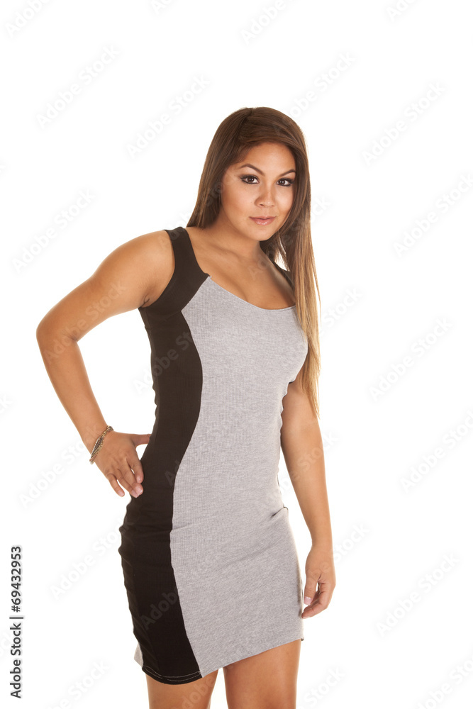 woman in gray and black strip dress woman in gray and black strip dress