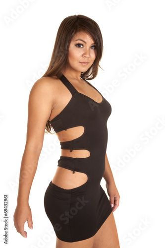 woman in her black dress with holes