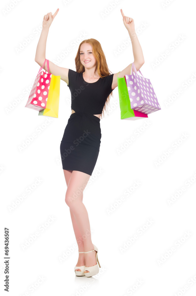 Woman after shopping spree on white Woman after shopping spree on white