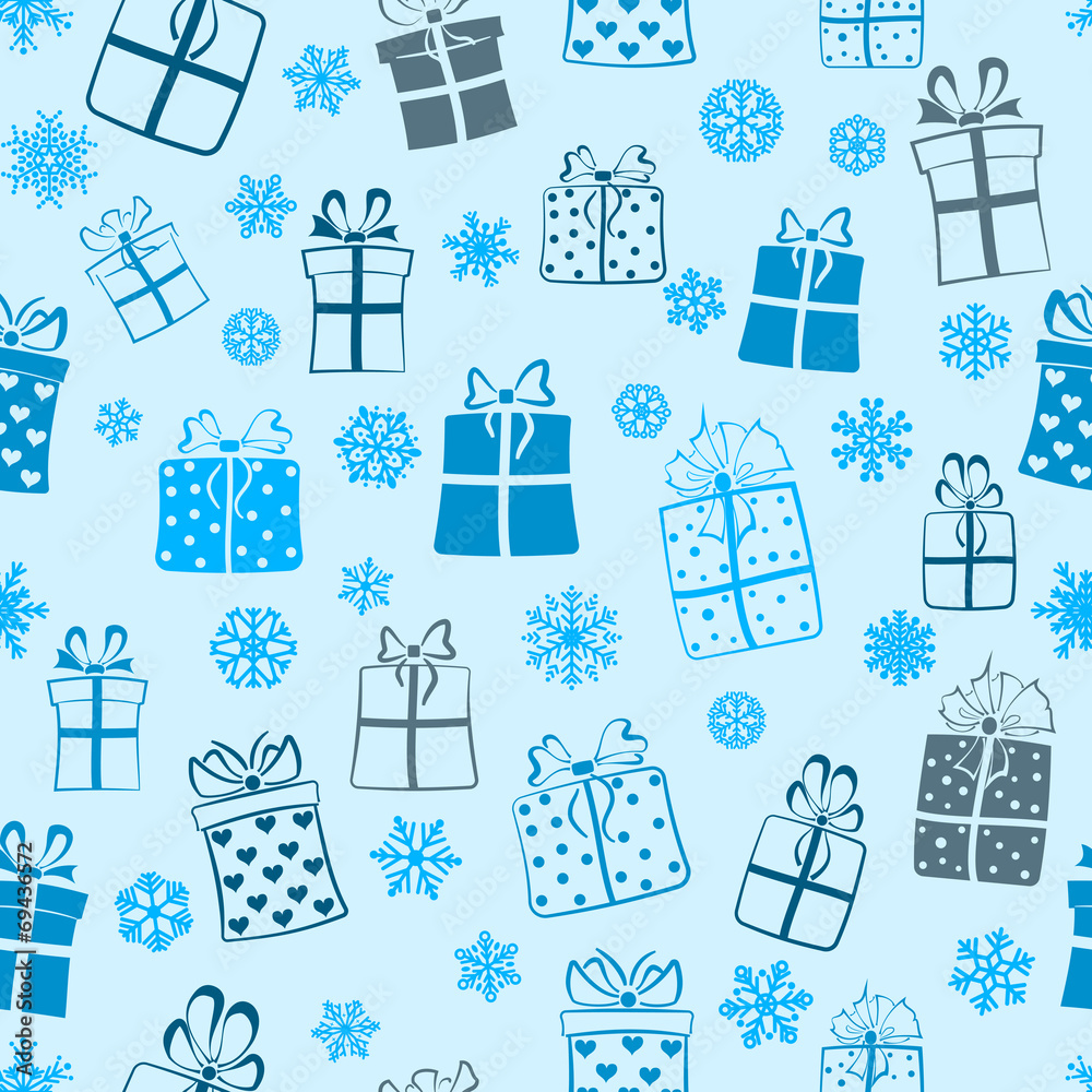 Seamless pattern of gift boxes, blue on light blue