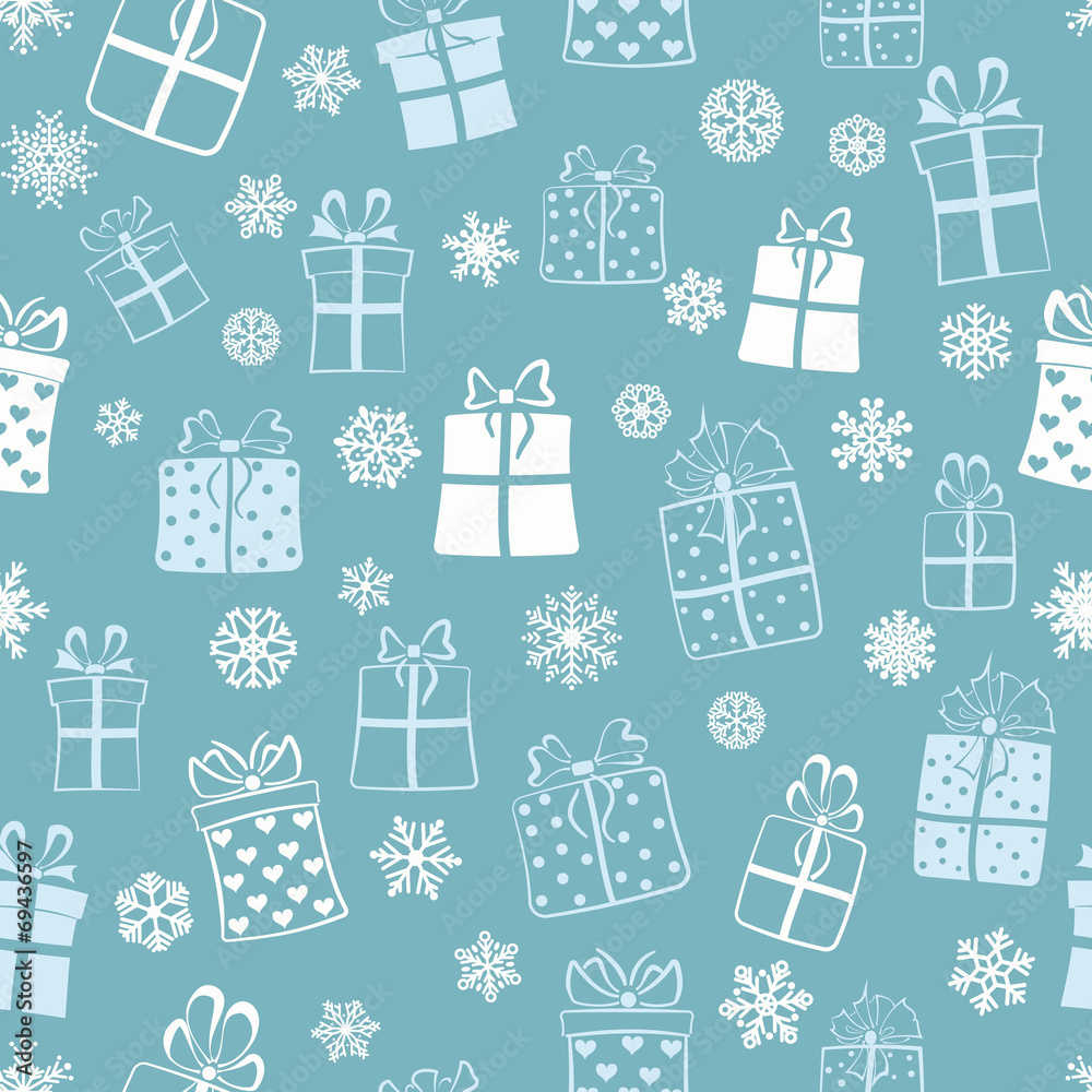 Seamless pattern of gift boxes, white on blue
