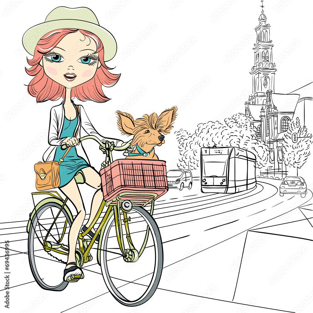 Φωτογραφία Vector cute girl with dog on the bike in Amsterdam