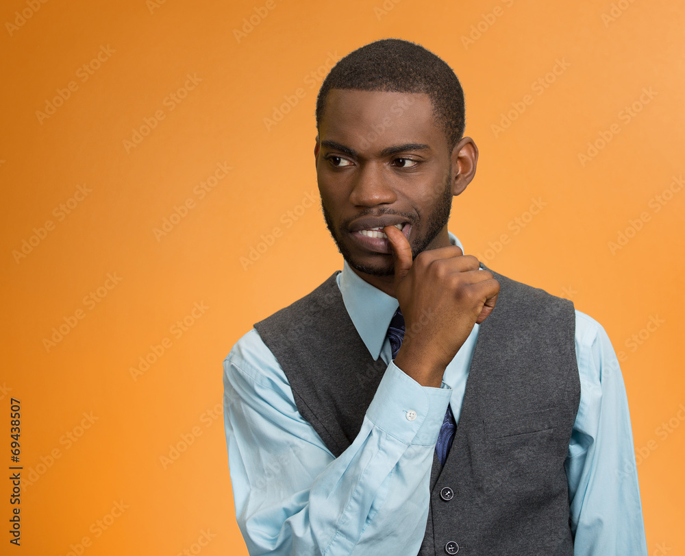 Man with finger in mouth, sucking thumb, stress, deep thought Stock Photo |  Adobe Stock