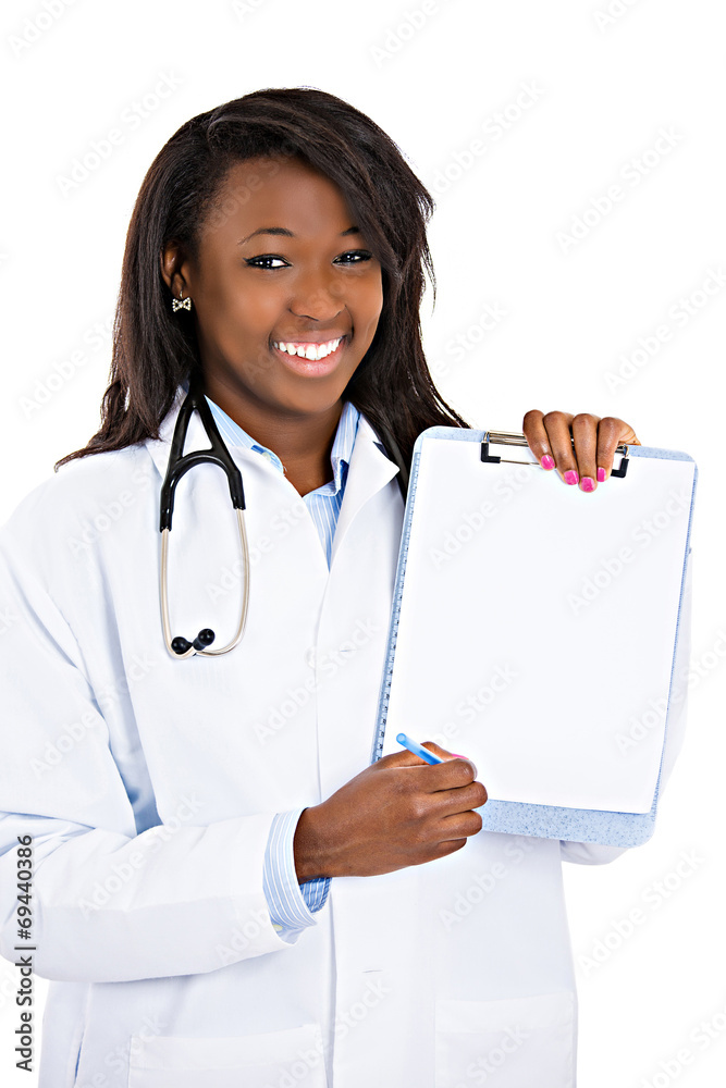Doctor holding blank clipboard pointing with pen sign consent Doctor holding blank clipboard pointing with pen sign consent