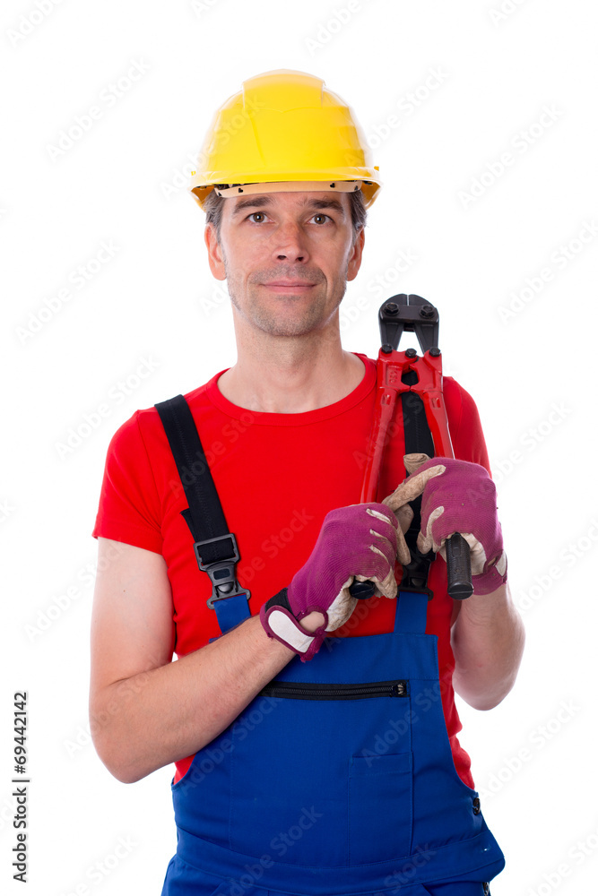 worker with helmet and bolt cropper on his shoulder worker with helmet and bolt cropper on his shoulder