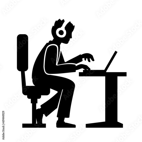 Programmer Silhouette Working on His Computer. Vector