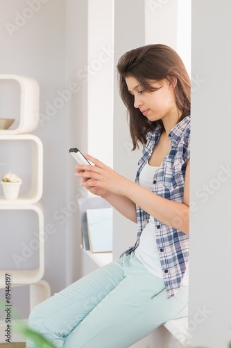 Pretty brunette sitting beside her window sending a text