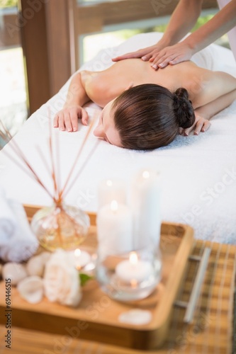 Attractive woman receiving back massage at spa center