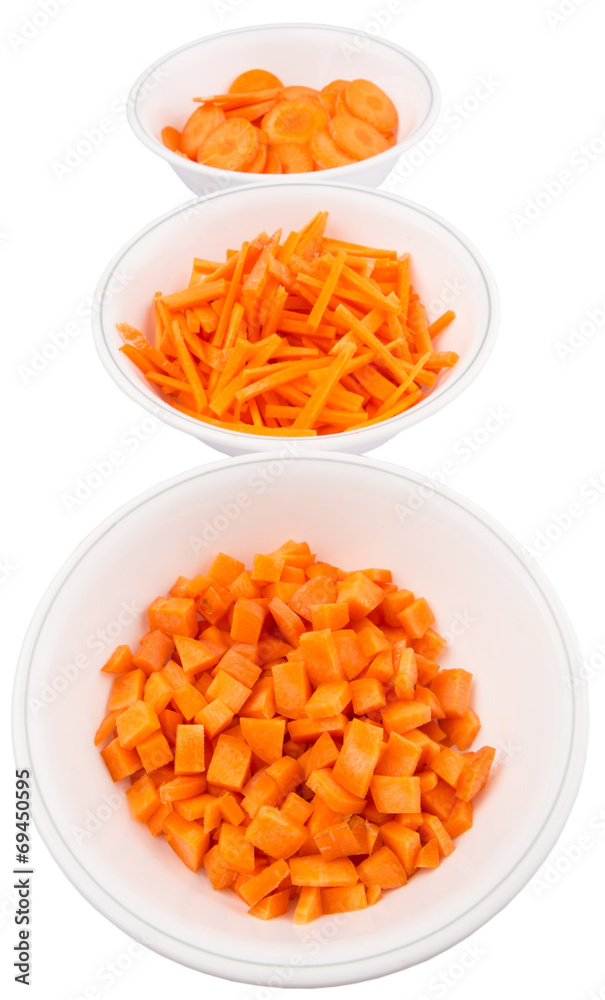 Different style of chopped carrots in white bowls Different style of chopped carrots in white bowls