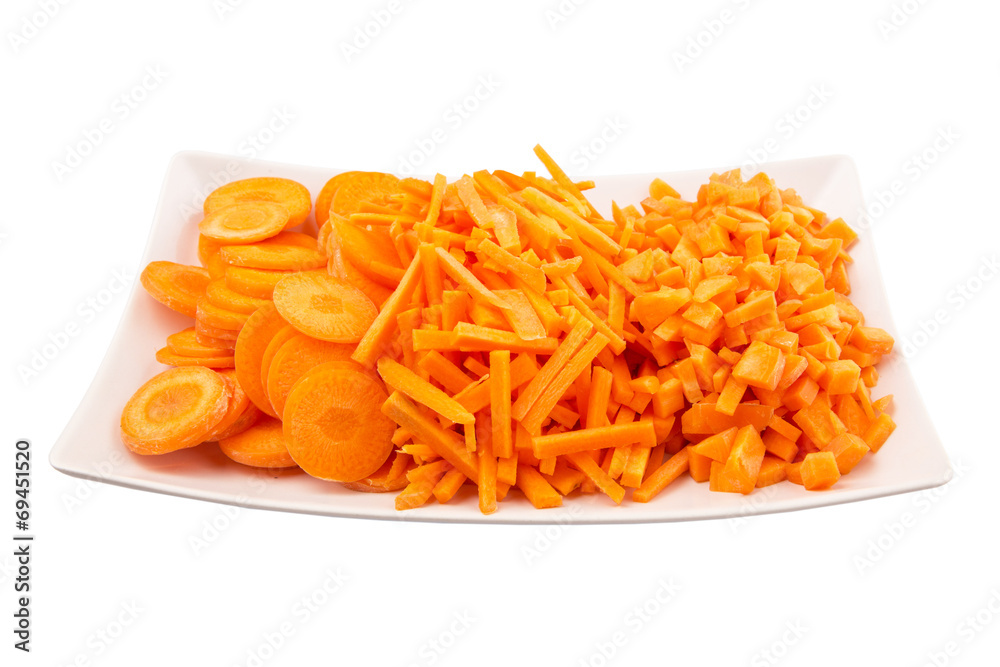 Different style of chopped carrots in white plate 