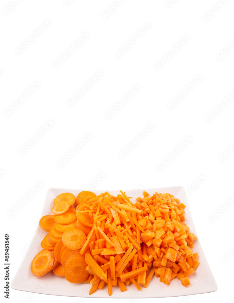 Different style of chopped carrots in white plate Different style of chopped carrots in white plate