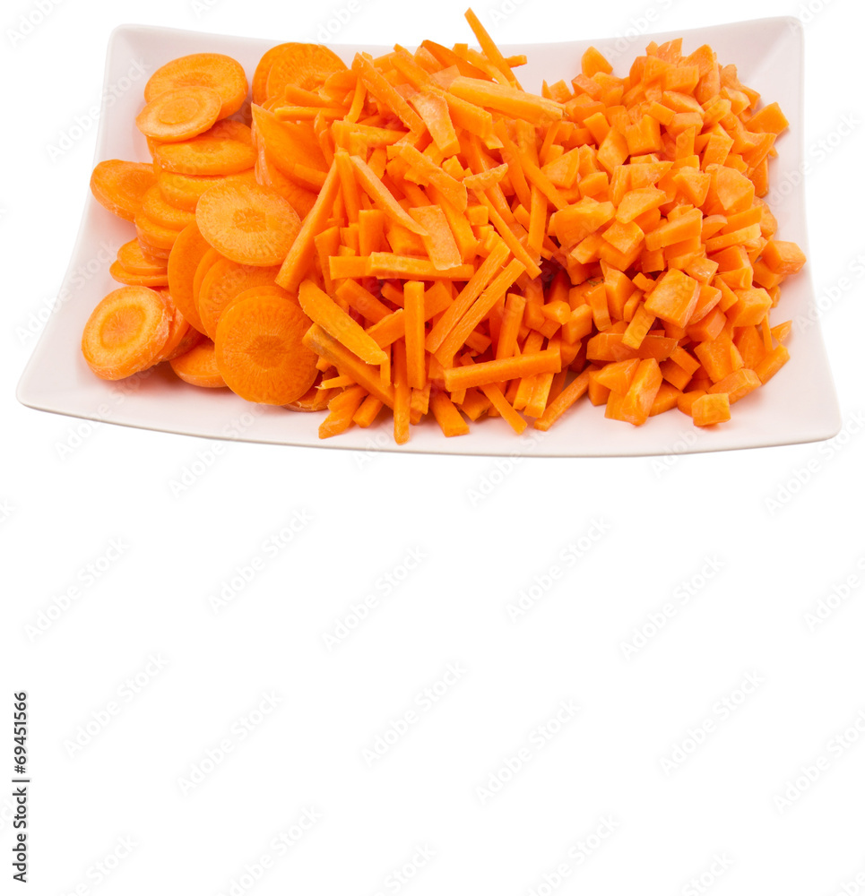 Different style of chopped carrots in white plate Different style of chopped carrots in white plate