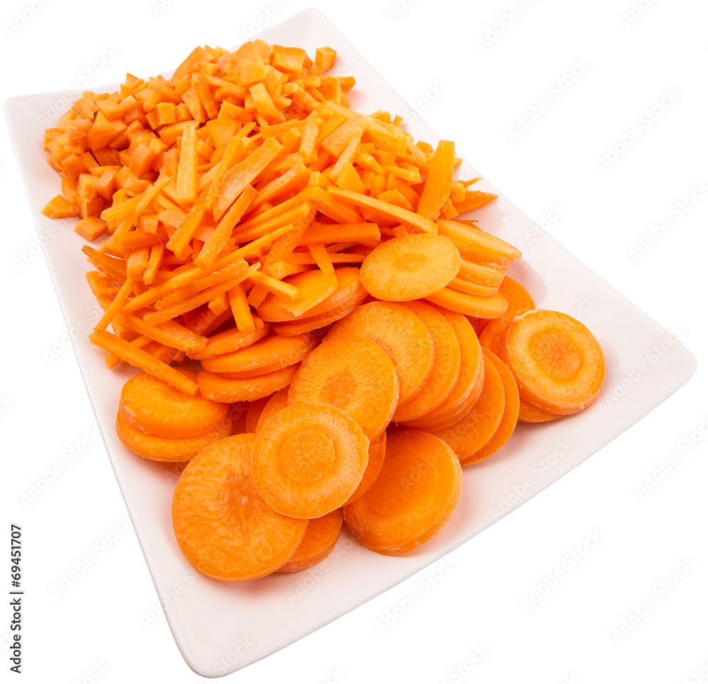 Different style of chopped carrots in white plate Different style of chopped carrots in white plate