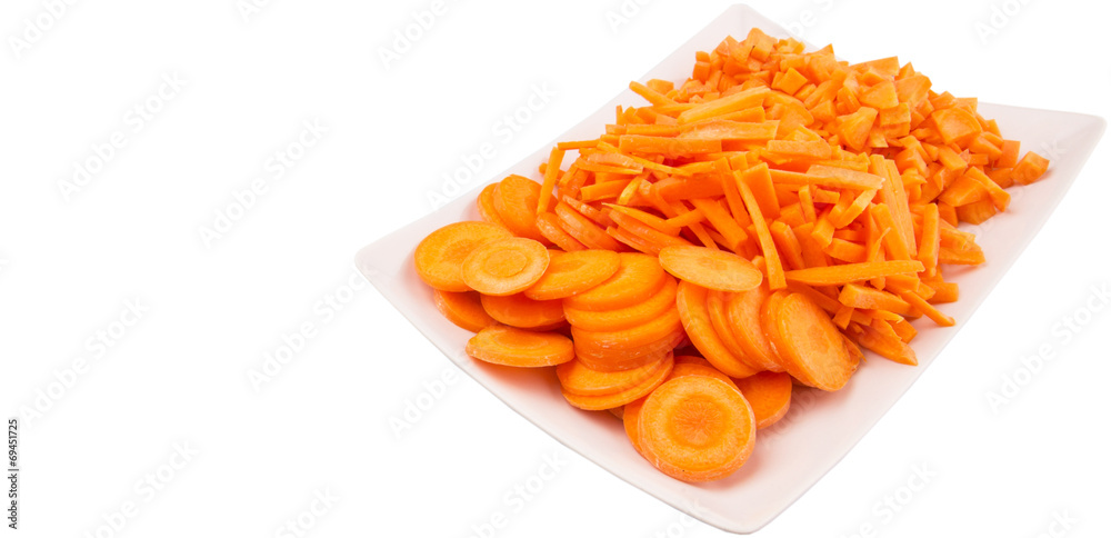 Different style of chopped carrots in white plate Different style of chopped carrots in white plate