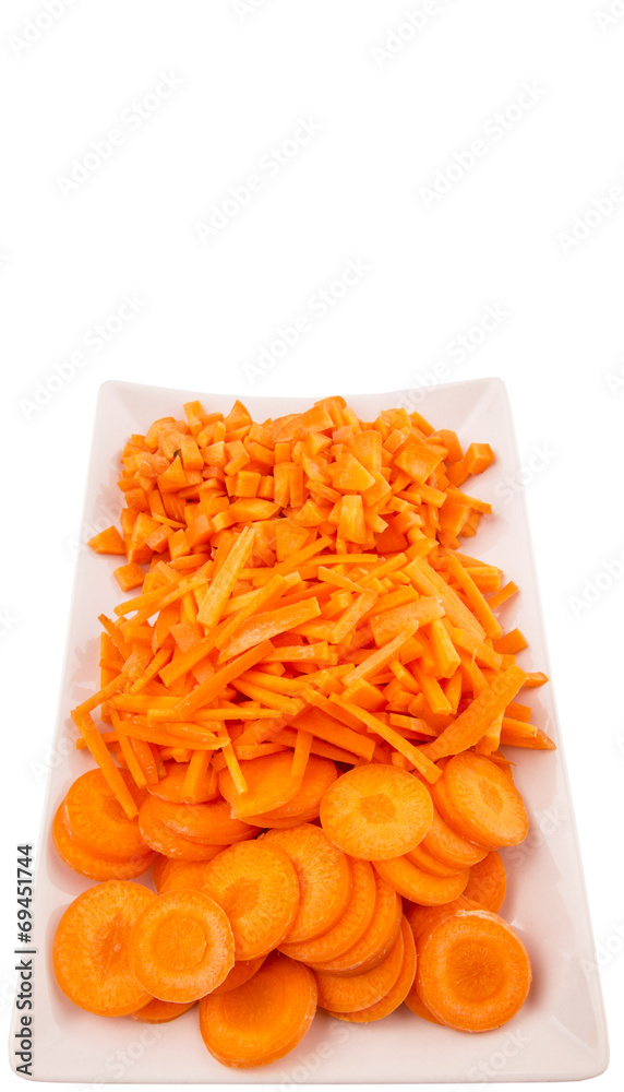Different style of chopped carrots in a plate Different style of chopped carrots in a plate