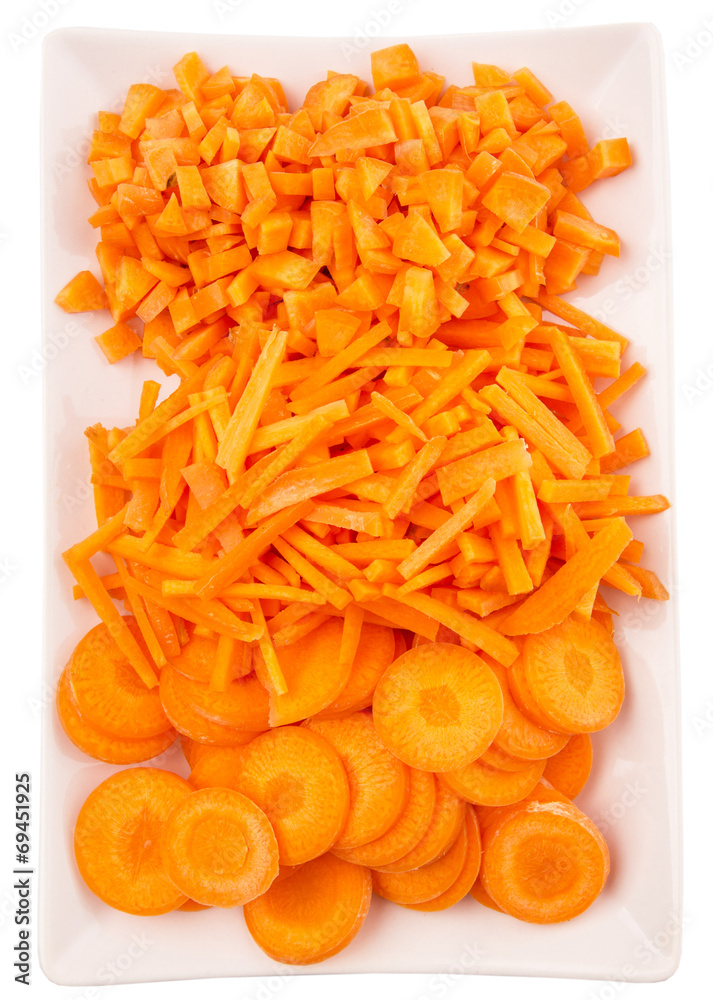 Different style of chopped carrots in a plate Different style of chopped carrots in a plate
