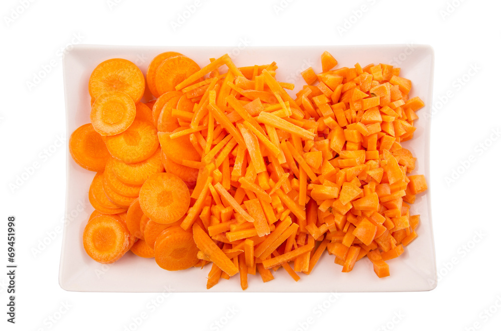Different style of chopped carrots in a plate Different style of chopped carrots in a plate