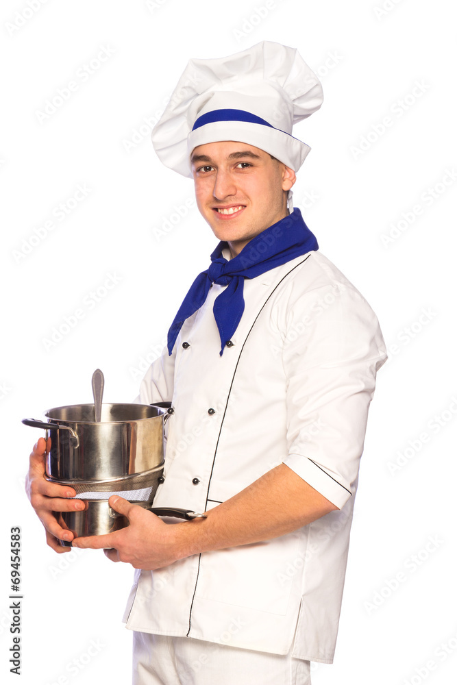 Smiling cook chef with kitchenware Smiling cook chef with kitchenware