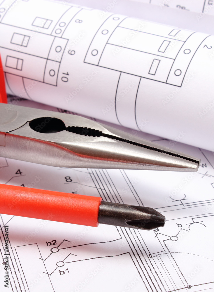 Electrical diagrams and work tools on construction drawing Electrical diagrams and work tools on construction drawing