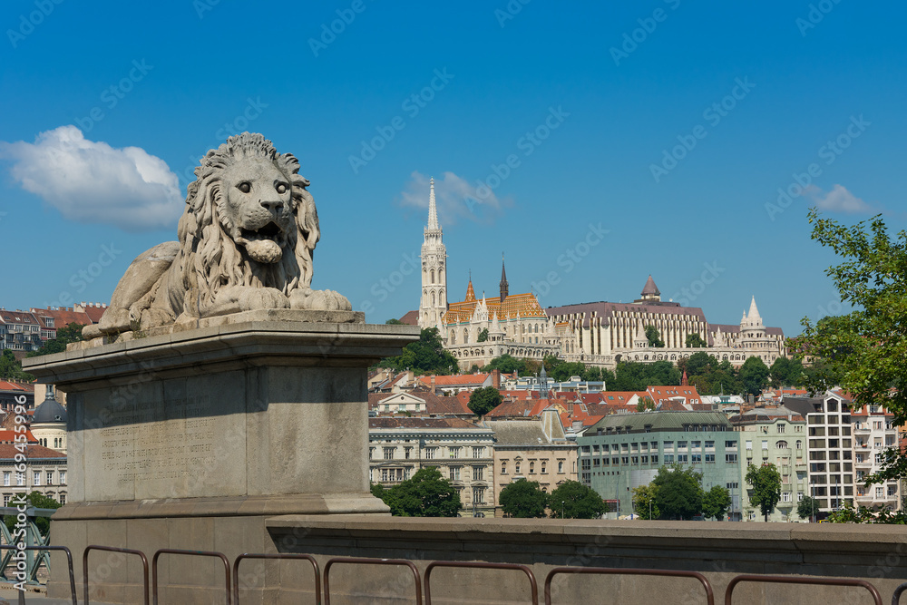 View of Fisherman's Bastion from chain bridge Budapest