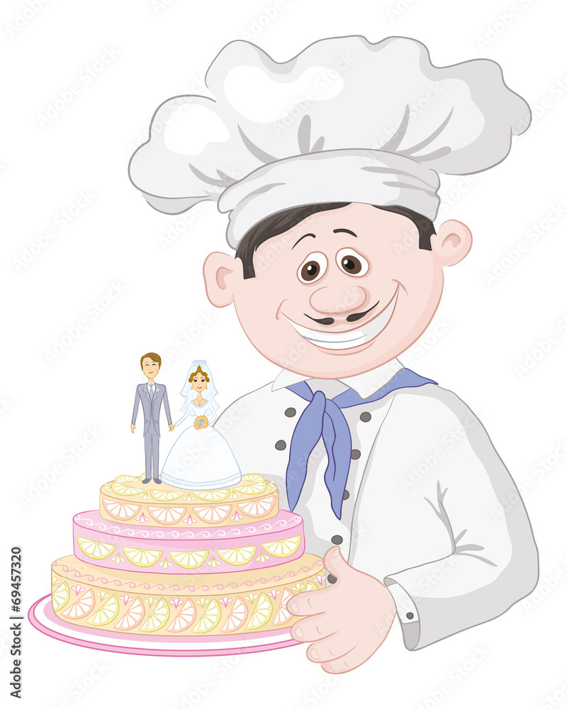Cartoon cook with holiday wedding cake