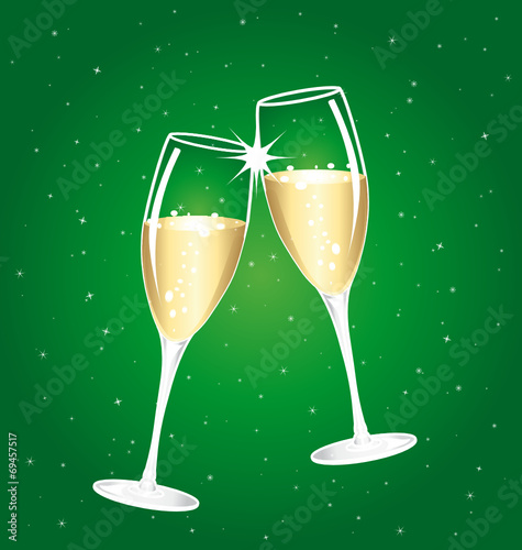 Champagne toast cups on a green starry background.