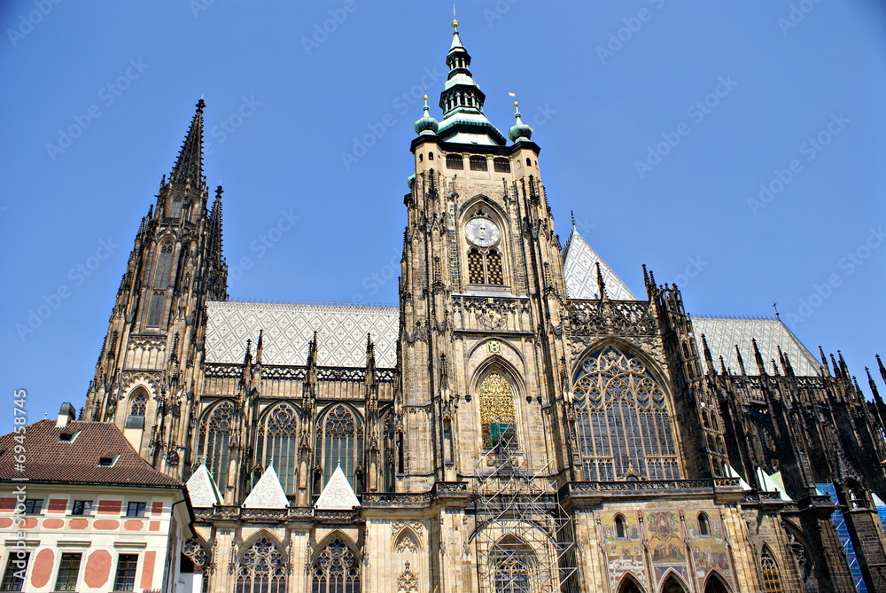 Exterior facade view of  St. Vitus cathedral in Prague Castle