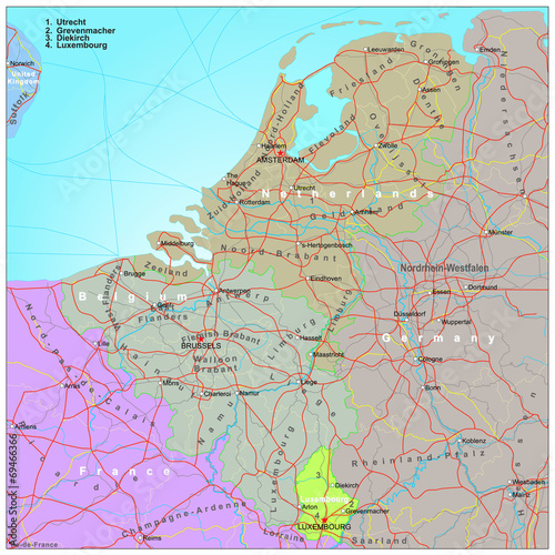 Road and administrative map of Belgium and Netherlands