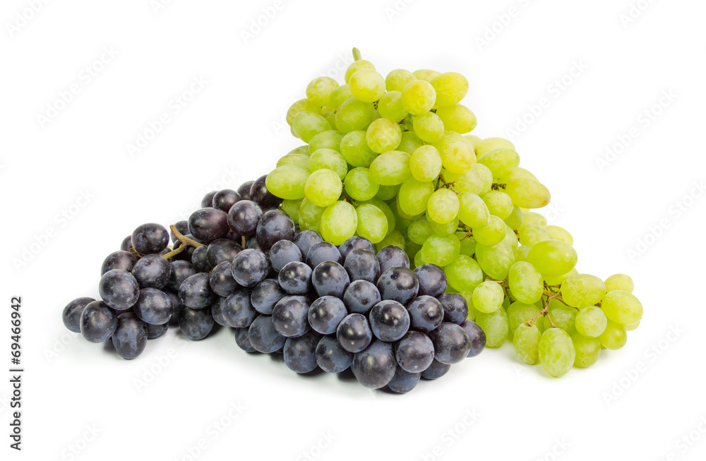 Black and green ripe grapes. Isolated on a white backgropund.