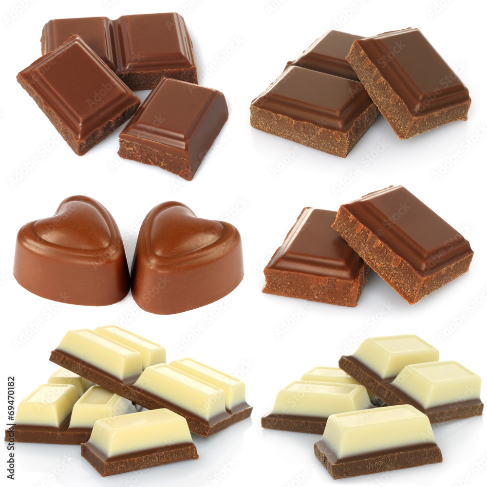 Fototapeta premium Broken milk chocolate bar set isolated on white background .
