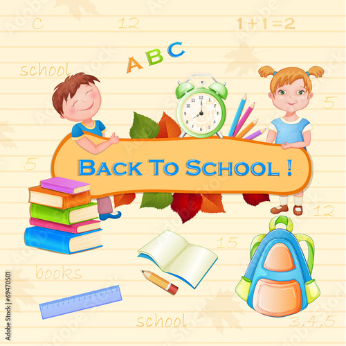 Back to school illustration with happy kids.