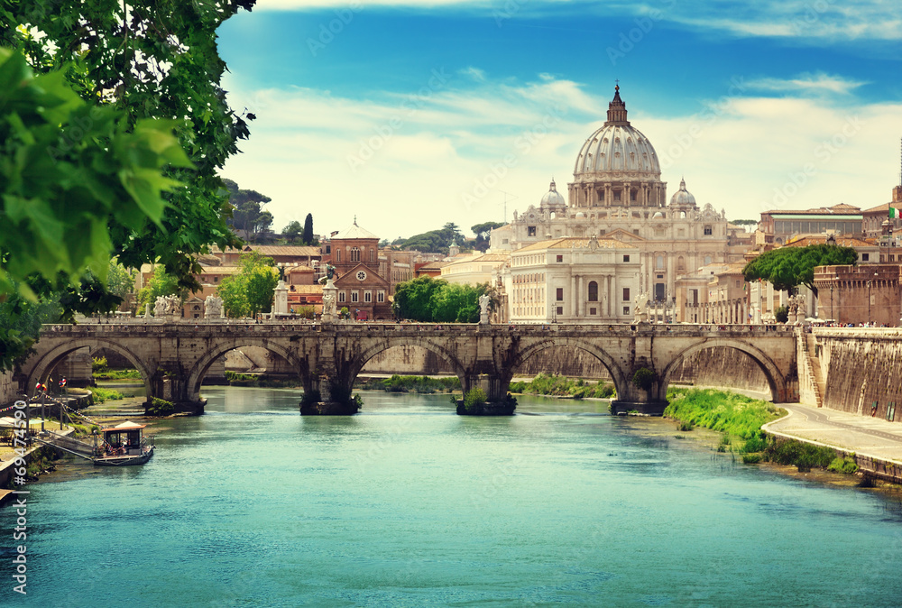 Fototapeta premium view on Tiber and St Peter Basilica in Vatican