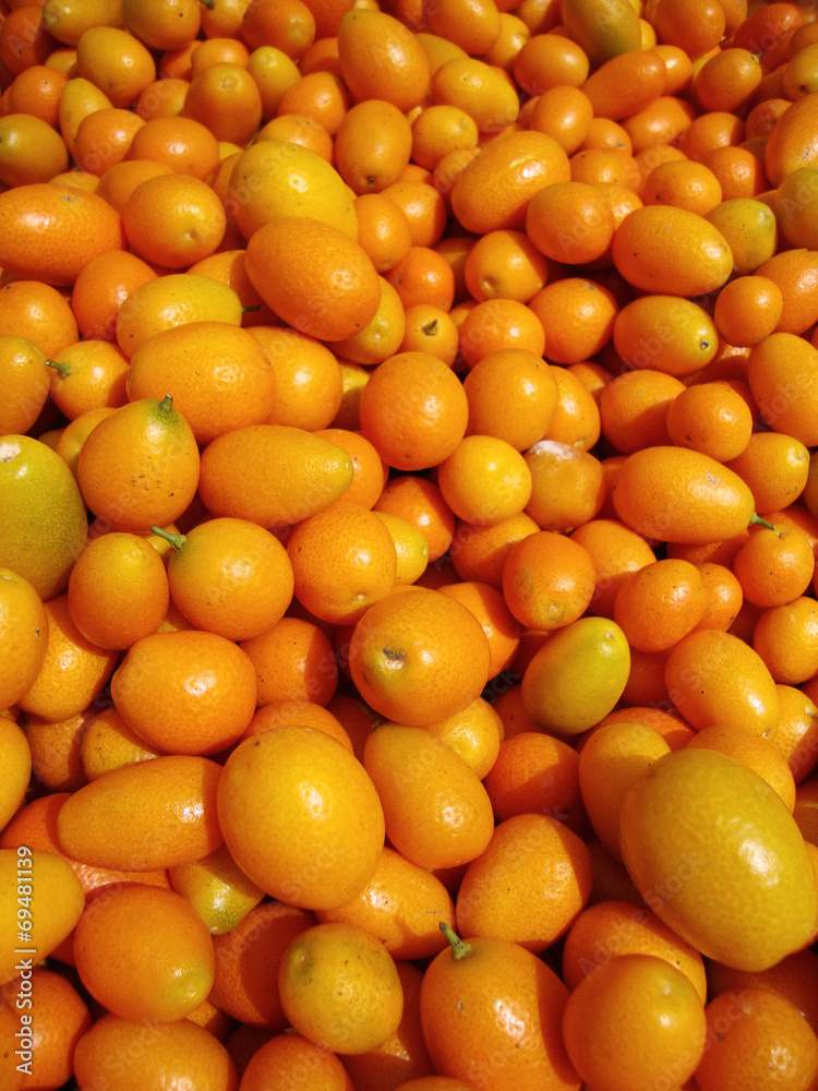 Organic Kumquats on display at a farmers market in San Francisco