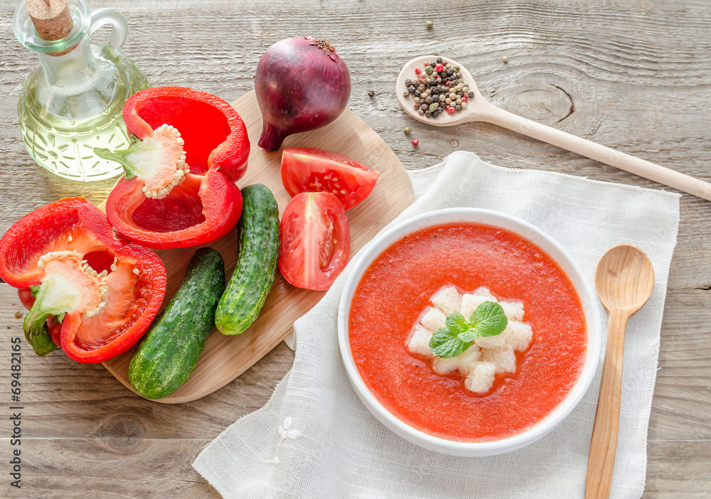 Portion of gazpacho with ingredients Portion of gazpacho with ingredients